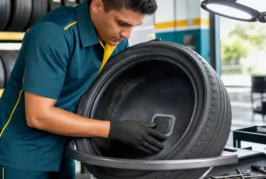 Mecânico consertando um pneu em borracharia, com ferramentas e equipamentos especializados.