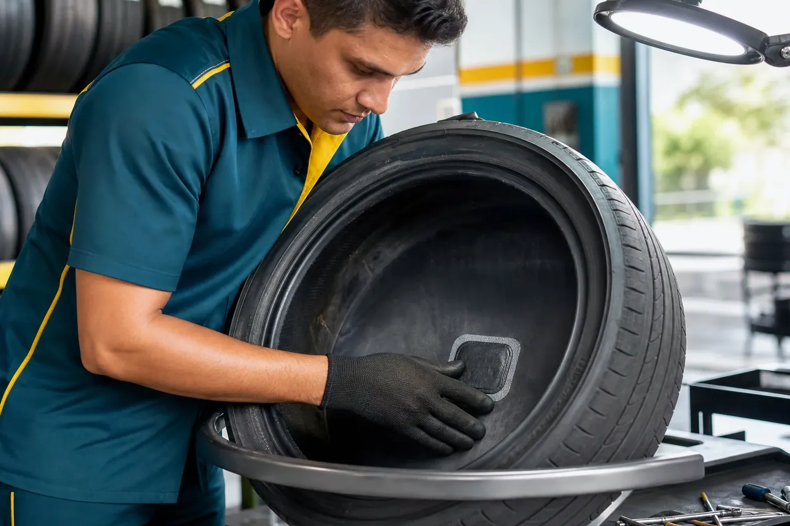 Mecânico consertando um pneu em borracharia, com ferramentas e equipamentos especializados.