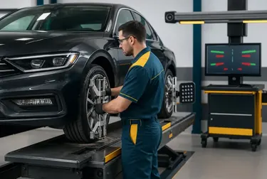 Mecânico realizando o alinhamento de rodas de um carro, com equipamento moderno.