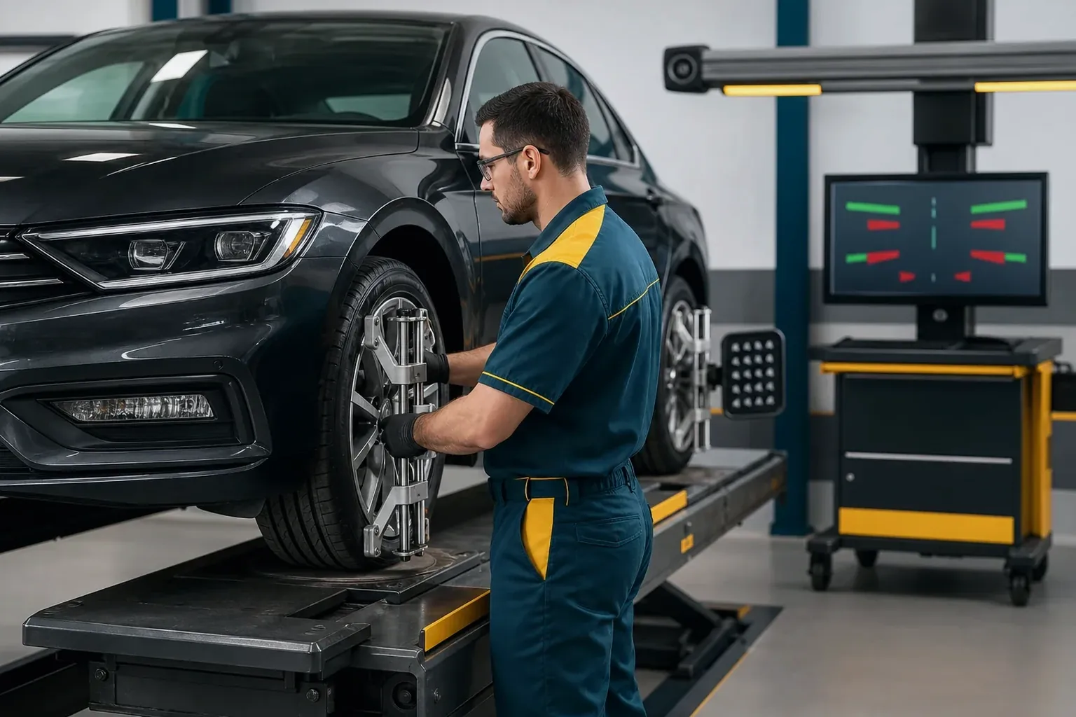 Mecânico realizando o alinhamento de rodas de um carro, com equipamento moderno.