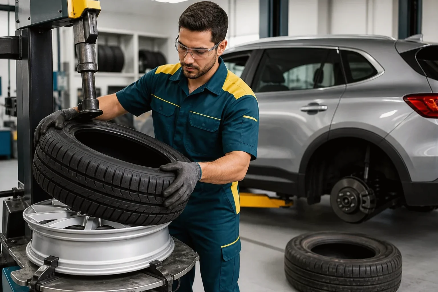 Mecânico trocando um pneu de carro em borracharia, usando equipamento especializado.