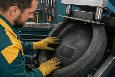 Técnico utilizando equipamento de vulcanização em pneu, com atenção aos detalhes.