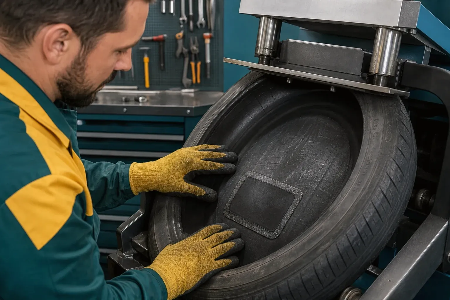Técnico utilizando equipamento de vulcanização em pneu, com atenção aos detalhes.