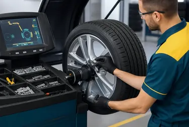 Técnico utilizando máquina de balanceamento em pneus de carro.